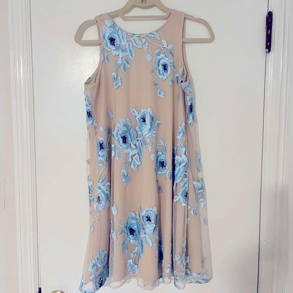 Beige by Eci Dress | Nude and Light Blue Overlay Embroidered Dress